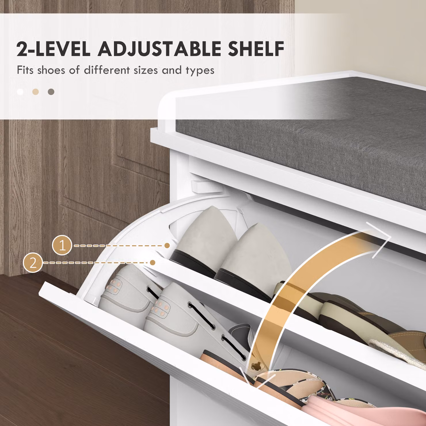 HOMCOM Upholstered Shoe Storage Bench with Flip Drawer and Adjustable Shelf in White – 4