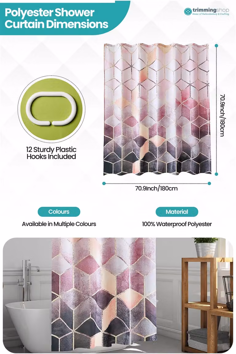 Neel Blue Geometric Pink Waterproof Shower Curtain with 12 Hooks, W/D/H: 180 x 180 x 180 cm