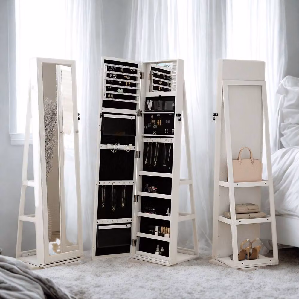 Pirlo Plush Modern Full Length Freestanding Mirror with Internal Shelves and Lock, White, H 160 cm x W 38 cm x D 20 cm – 3
