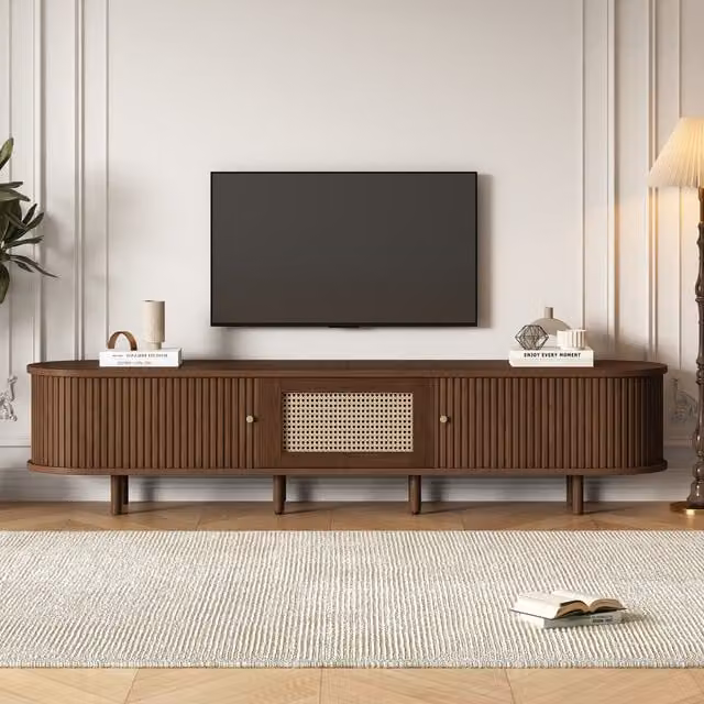 Tokpiedi Retro Striped Oak Wood and Rattan Sideboard in Brown and Gold, W/D/H: 180 x 40 x 40 cm