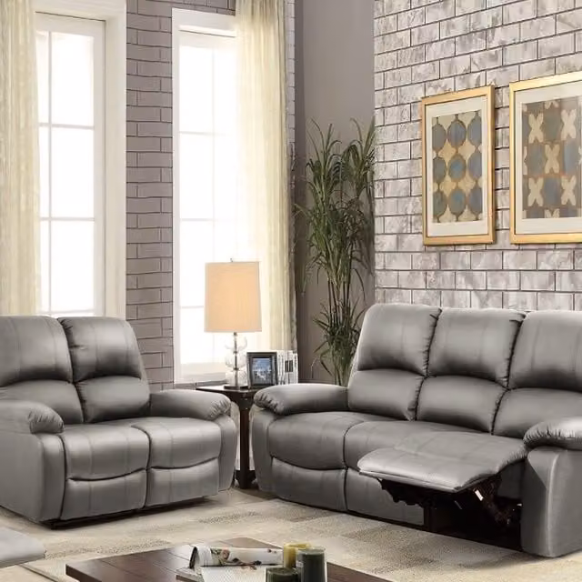 Comfy Living Modern PU Leather Reclining Sofa Set with 3 Seater and 2 Seater in Light Grey