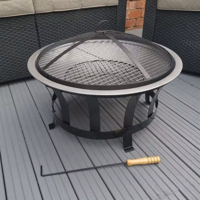 Samuel Alexander Black Steel Fire Bowl with BBQ Grill and Mesh Lid, Diameter: 60 cm