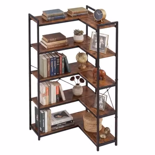 Levede 5-Tier L-Shaped Corner Bookcase in Brown and Black – 1