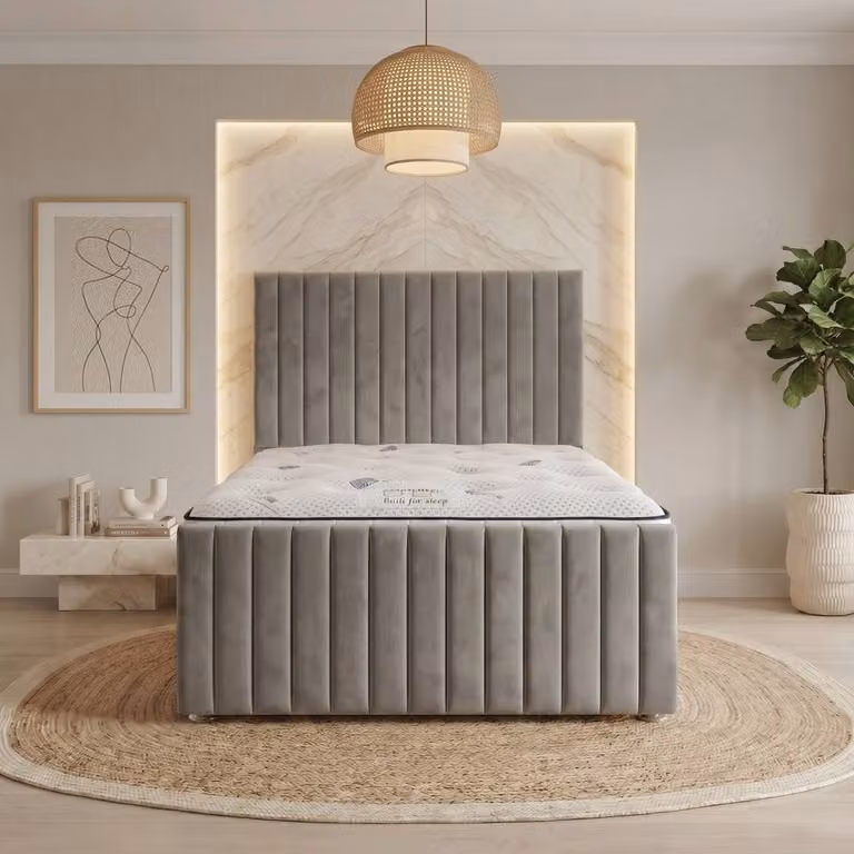 Somnior Eleanor Velvet Divan Bed with Mattress and Headboard in Silver Grey, W/D/H: 120 x 200 cm