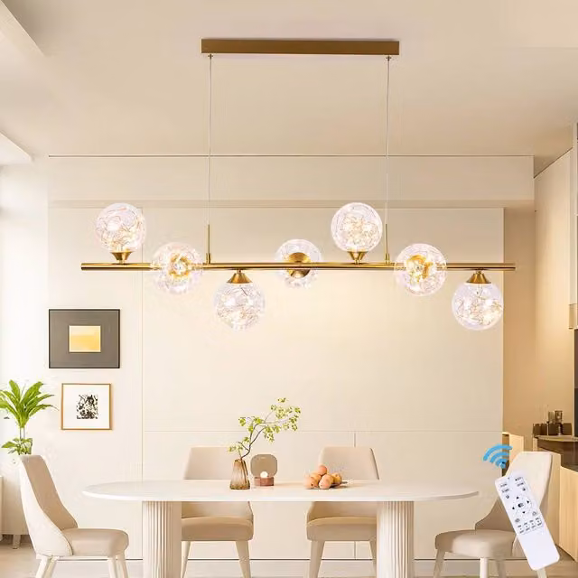 Garwarm 7 Light Linear LED Kitchen Island Pendant in Gold with Transparent Glass and Adjustable Height