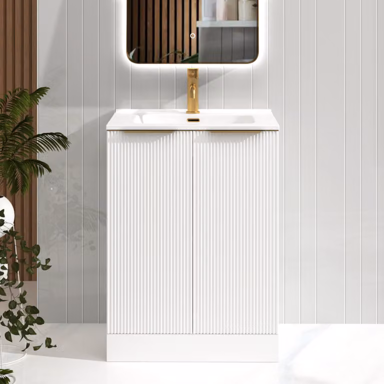 Royal Bathrooms Evora 700mm Matt White Fluted Floor Standing 2 Door Vanity Unit with Ceramic Basin and Brushed Brass Handles