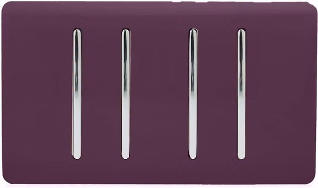 Trendi 4 Gang 10 Amp Rocker Light Switch, 2 Way & 1x Intermediate, Plum Purple and Chrome