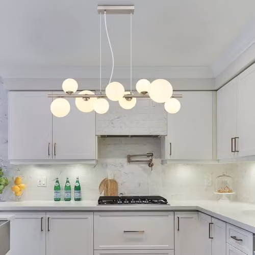 Globo Lighting Modern LED Pendant Light with 9 Transparent Glass Spheres in Silver and White, Height Adjustable, W/D/H: 120 x 87 x 34.5 cm – 3