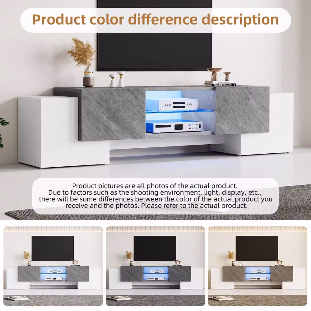 Merax Modern LED TV Stand in White and Grey with 4 Doors, Integrated Lighting and Adjustable Glass Shelves, W/D/H: 160 x 40 x 46.5 cm – 5