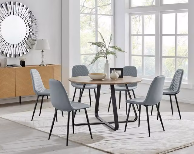 FurnitureboxUK Santorini Brown Round Dining Table and 6 Corona Grey Chairs with Black Legs
