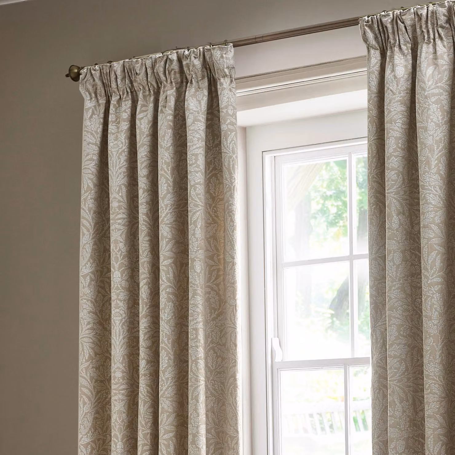 Morris & Co Acorn Tonal Matt Jacquard Pencil Pleat Curtains in Beige, Width: 168 cm, Drop: 137 cm – 3