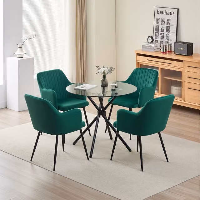 Madefor.living New York Round Glass Dining Table and Charlotte Green Velvet Upholstered Chairs Set
