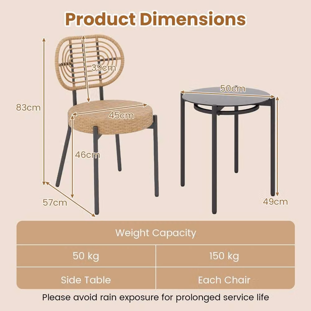 Kelvenix 3 Piece Brown PE Wicker Outdoor Bistro Set with Metal and Glass Details – 2