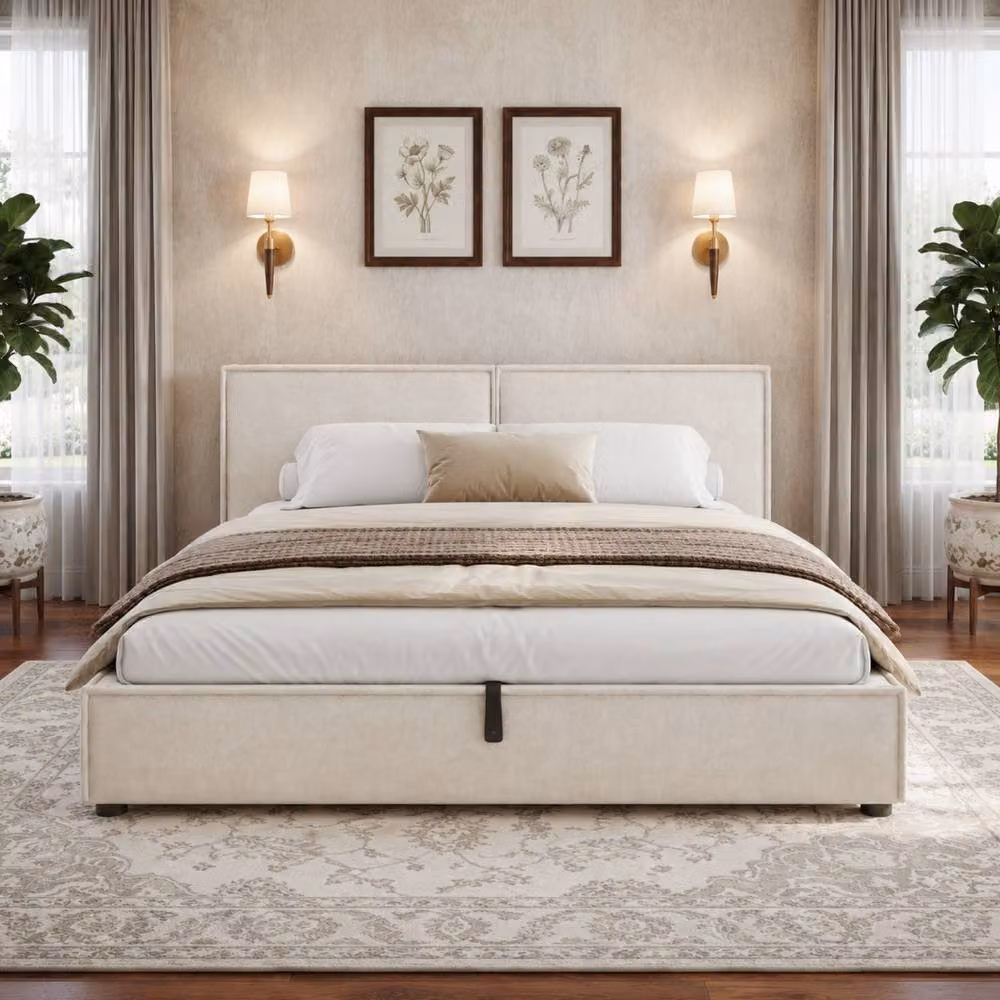 Rolipo Super King Size Ottoman Storage Bed Frame in Beige Chenille Upholstered Fabric, 200 x 200 cm – 2