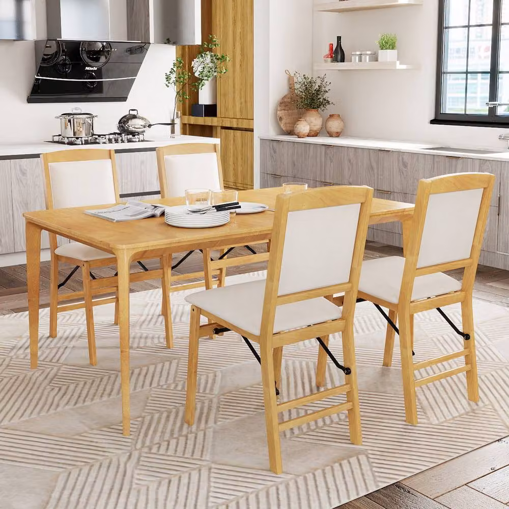 Costway Set of 2 Folding Bar Stools with Backrest in Cream Beige Rubberwood and Fabric – 4