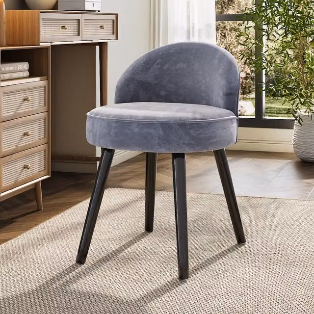 Livingandhome Grey Velvet Upholstered Dressing Table Stool with Rubberwood Legs