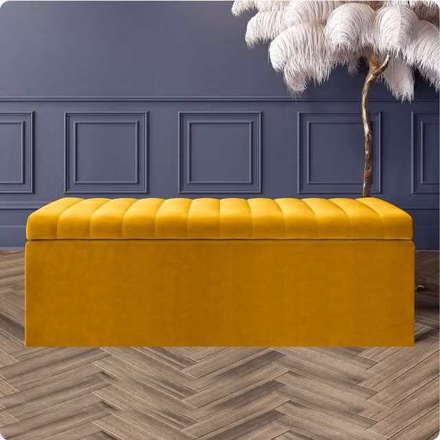 R&M Furnishers Safar Ottoman Storage Box, Striped Plush Velvet Upholstered Blanket Chest in Mustard Gold