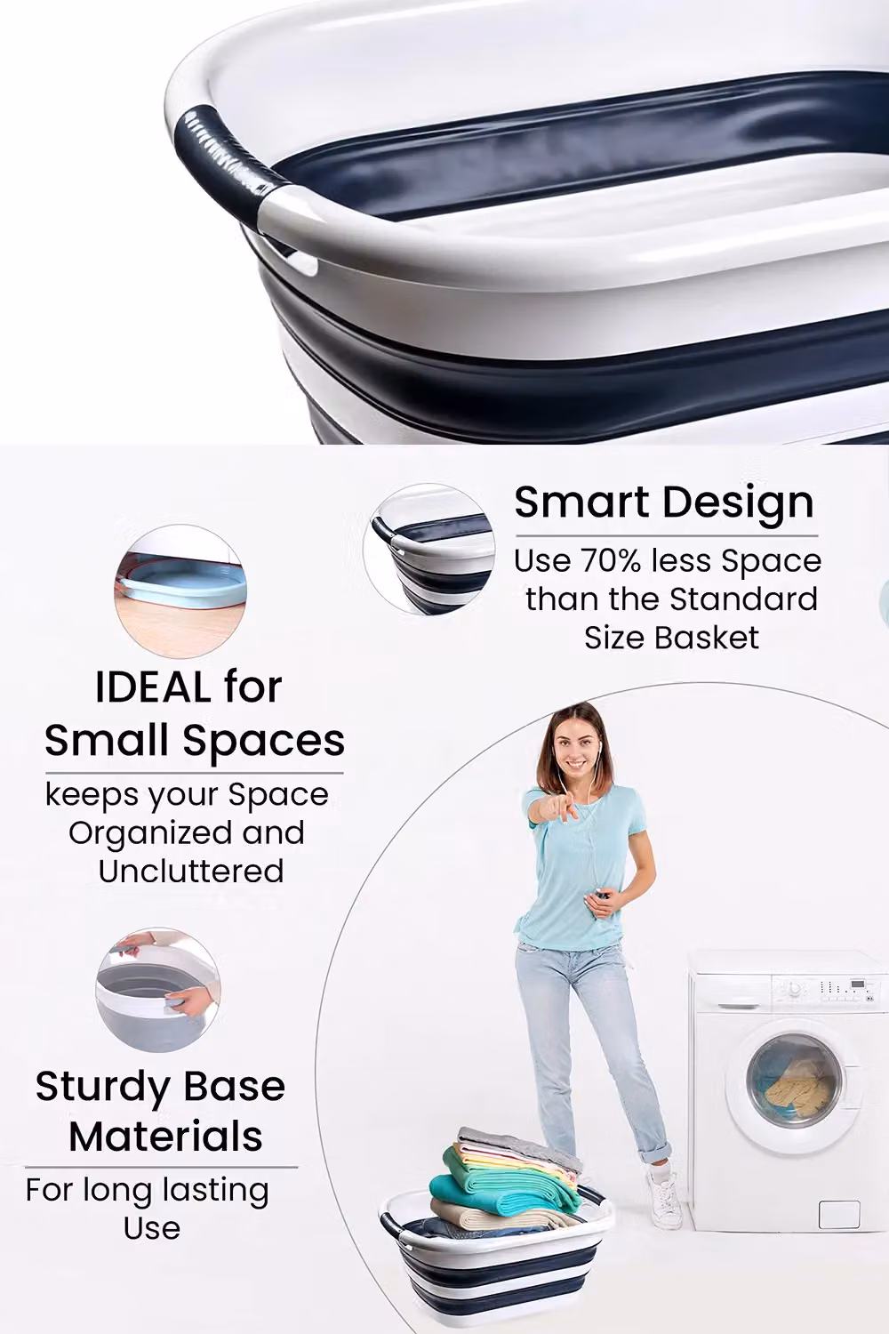 Neel Blue Collapsible Oval Laundry Basket with Handles, Blue and White, 40L – 3