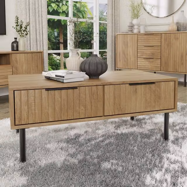 GFW Nervata Art Deco Rectangular Coffee Table in Brown, Black and Gold Wood Finish