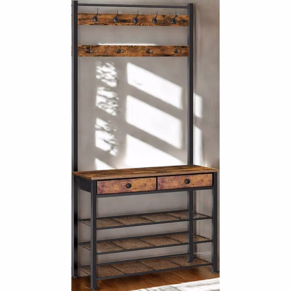 FURNOS Industrial Hall Tree Coat Rack Stand with Shoe Storage Bench in Brown – 2