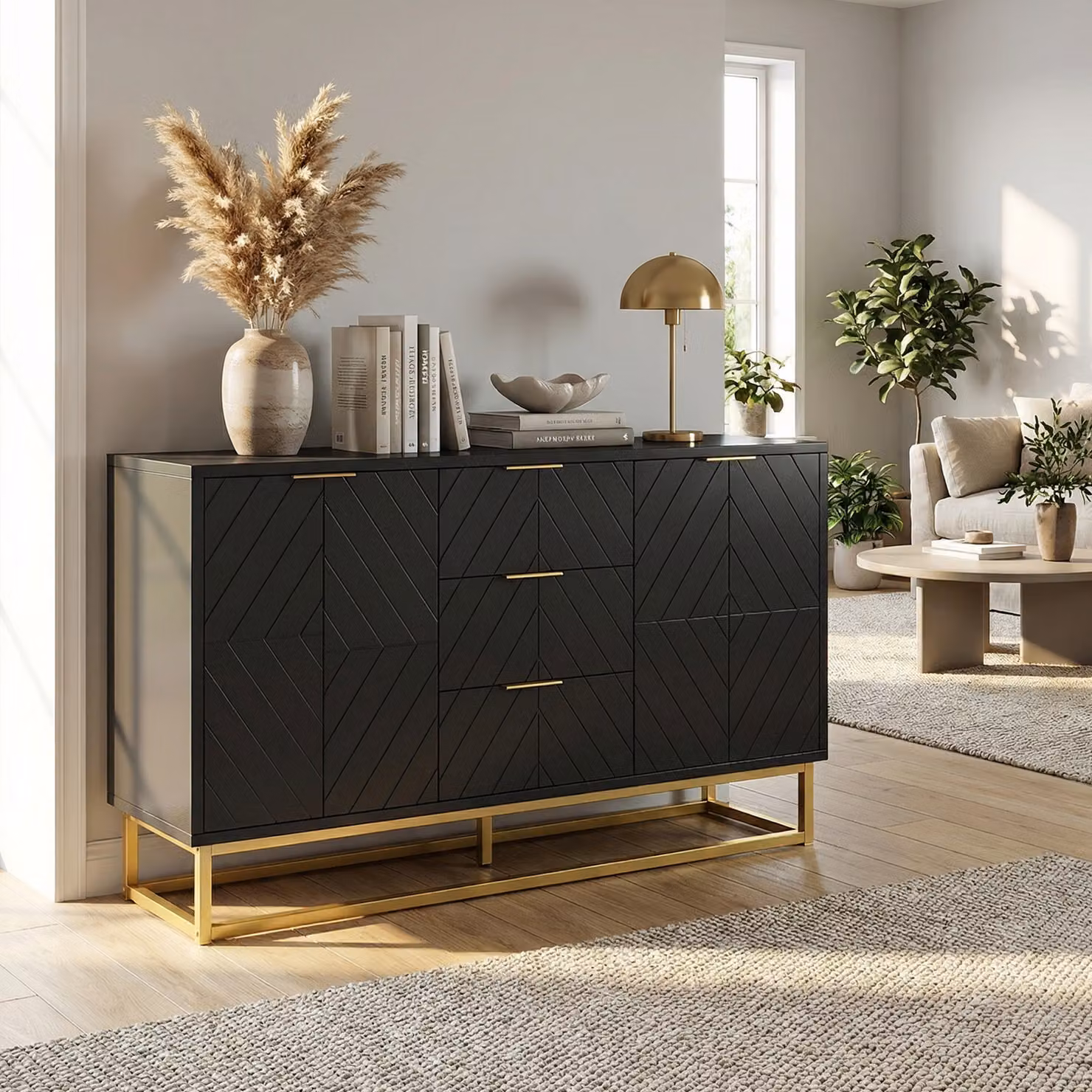 HOMCOM Modern Black Sideboard with 3 Drawers and Adjustable Shelves for your Living Room or Kitchen – 2
