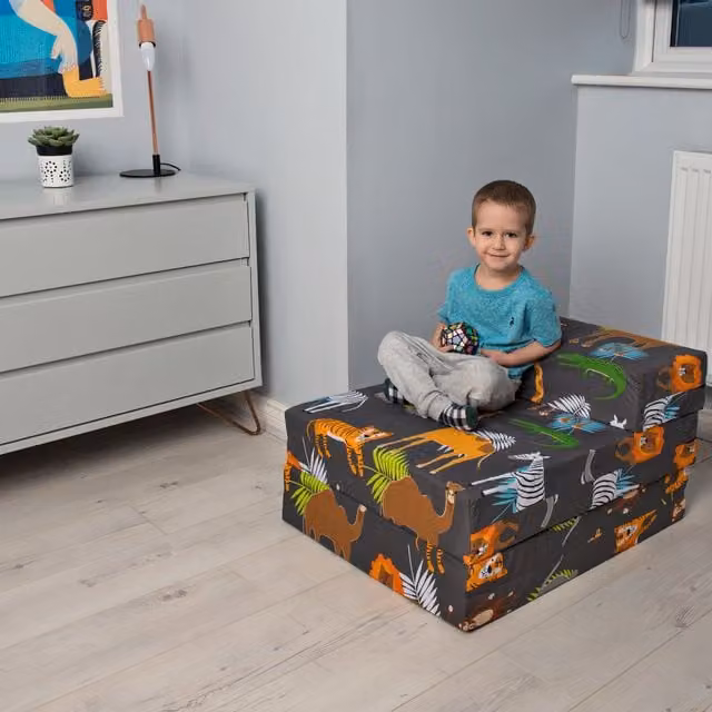 Ready Steady Bed Blue and Multicolour Animal Print Fabric Futon Mattress, W/D/H: 90 x 190 cm