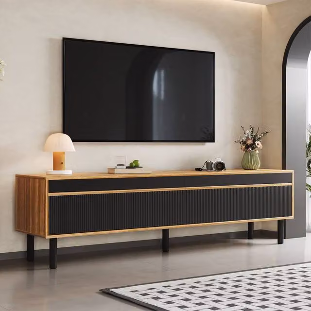 BTM Modern 4-Door TV Cabinet in Black and Natural Wood, W/D/H: 170 x 38 x 47 cm