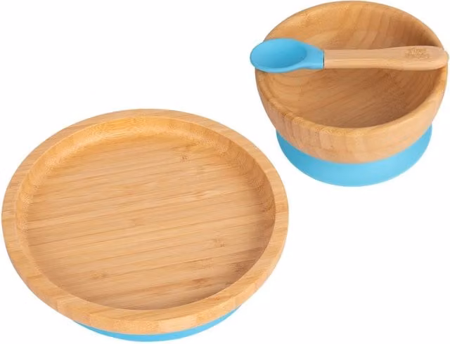 Tiny Dining 3-Piece Round Bamboo and Silicone Baby Weaning Set in Blue