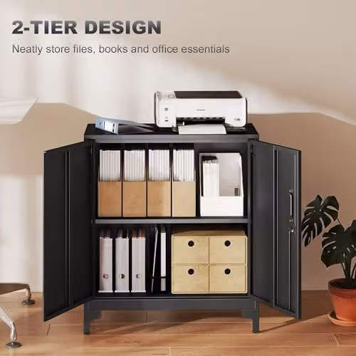 HOMCOM Lockable Metal Filing Cabinet with 2-Tier Storage and Hinged Doors, Black, W: 80 cm, D: 35 cm, H: 91 cm – 4