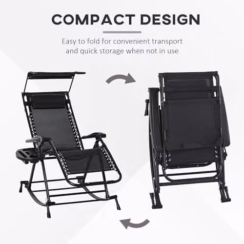 Outsunny Black Folding Recliner Garden Rocking Chair with Sun Canopy, Adjustable Headrest and Side Tray – 4