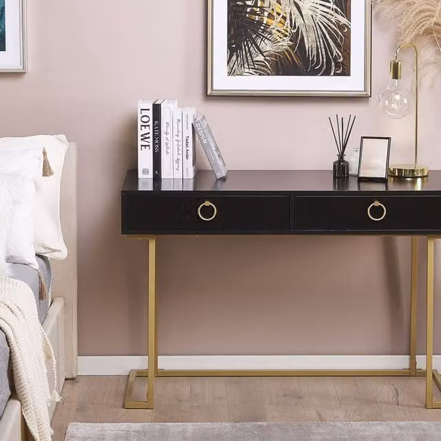 Wyld and Coco Glam Console Table with 2 Drawers, Black Matte Top and Gold Base, W: 115 cm, D: 50 cm, H: 77 cm