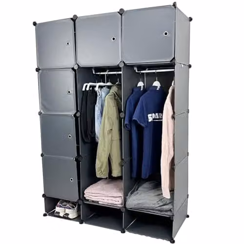 Gr8 Home 15 Cube Grey Modular Wardrobe with Hinged Doors and Hanging Rod, W/D/H: 165 x 45 x 45 cm