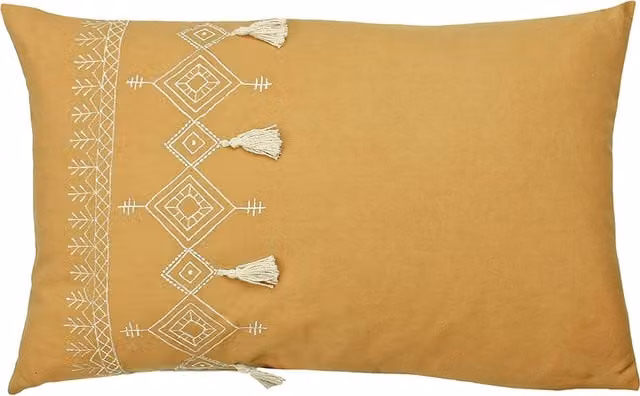 Make It A Home Yellow Cotton Rectangular Embroidered Tasselled Cushion