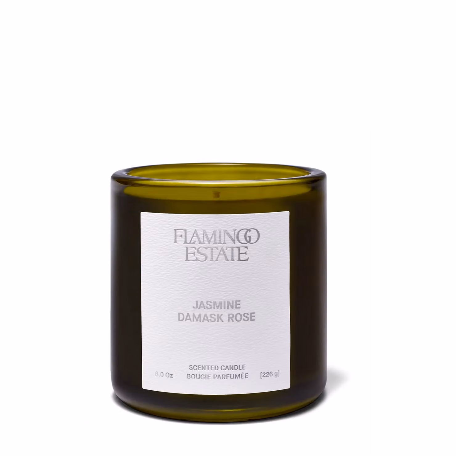 Flamingo Estate Night Blooming Jasmine & Damask Rose Glass Tabletop Candle in Pink and Green