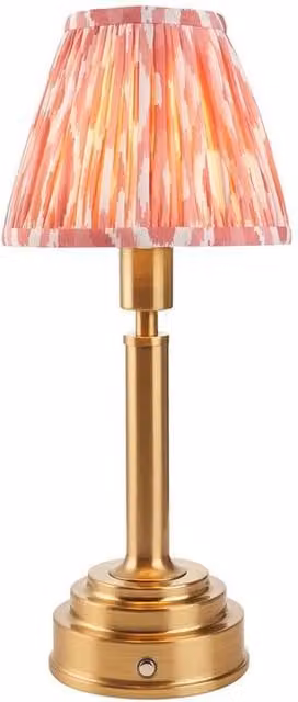 Netlighting Upton Rechargeable LED Table Lamp with Pink Multicolour Fabric Ikat Shade and Brass Base – 1
