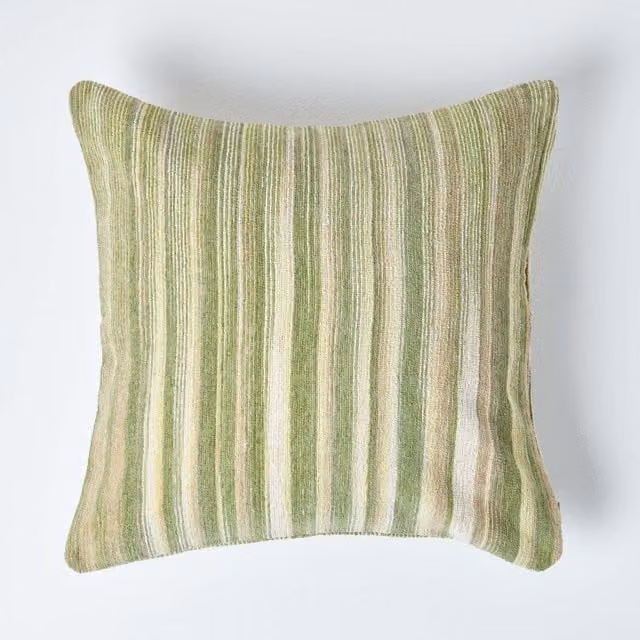 Homescapes Green Cotton Chenille Striped Square Cushion Cover, W: 60 cm