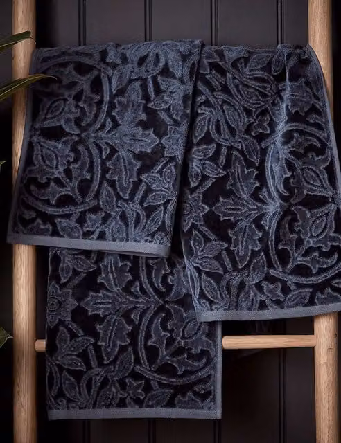Morris & Co St James Jacquard Cotton Towel in Navy Blue Floral Art Nouveau Design