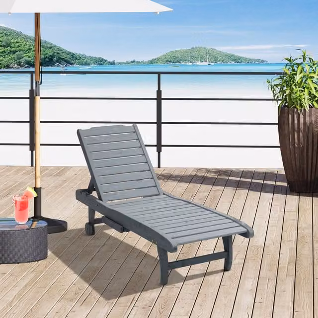 Outsunny Grey Wooden Outdoor Sun Lounger with Built-In Side Tray and Adjustable Backrest