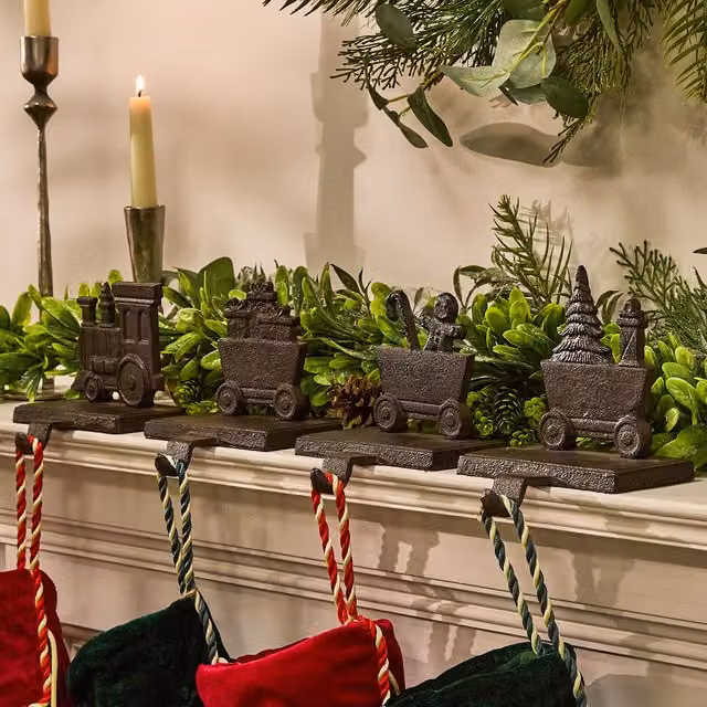 Dibor Antique Brown 4 Section Train Christmas Stocking Holder Set in Metal