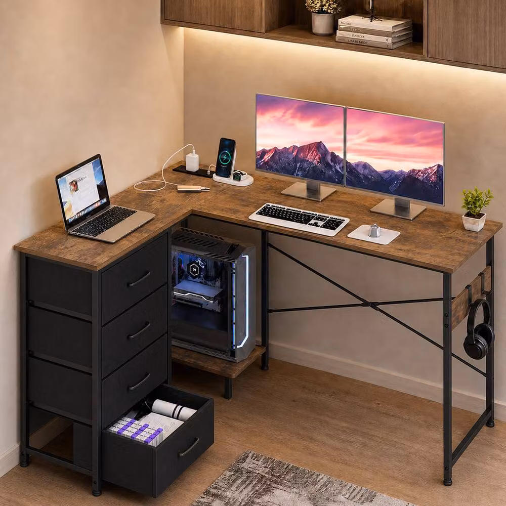 Levede L-Shaped Corner Desk with Drawers and Power Outlet in Rustic Brown, W/D/H: 135 x 100 x 76.5 cm – 7