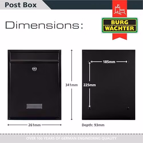 Burg-Wächter MB19BK Trent Wall Mounted Galvanised Steel Lockable Weatherproof Post Box, Black W: 26 cm, H: 34 cm, D: 9 cm – 4