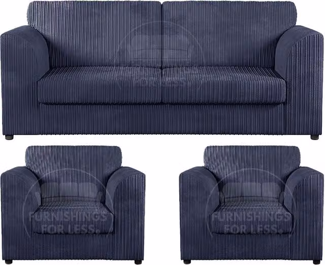 Furnishings For Less UK Luxor 3 Piece Sofa Suite in Navy Blue Jumbo Cord Fabric – 1