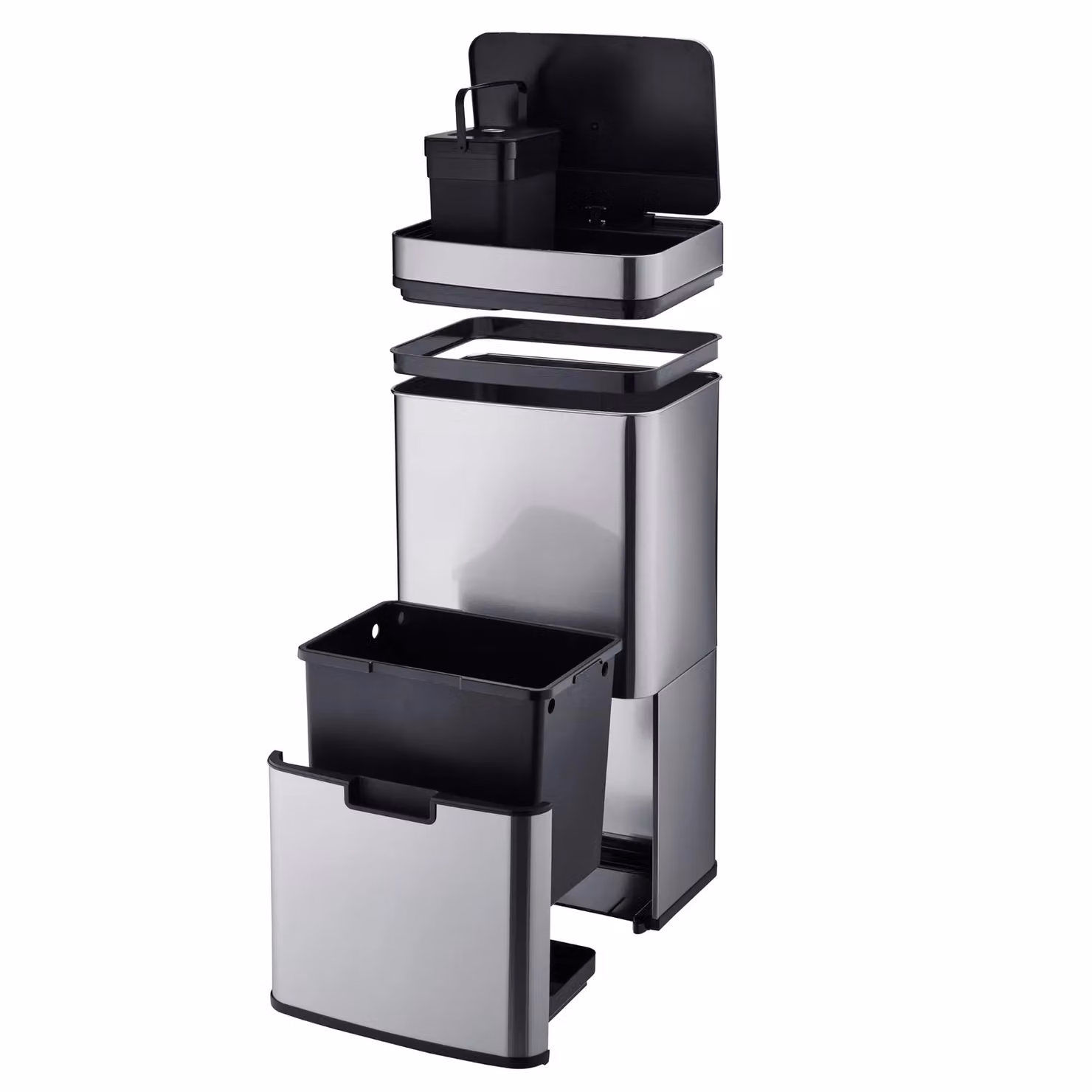 Cooks Professional 75L Sensor Recycling Bin with 3 Compartments and Food Caddy in Silver Stainless Steel – 4