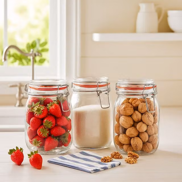 Neo Pack of 3 Leakproof Glass Canisters with Silicone Clip Lids, 1L, Clear and White