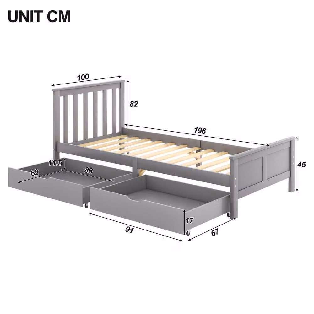 Merax Single Solid Pine Wooden Storage Bed Frame with 2 Drawers, Grey, W/D/H: 90 x 190 x 82 cm – 2