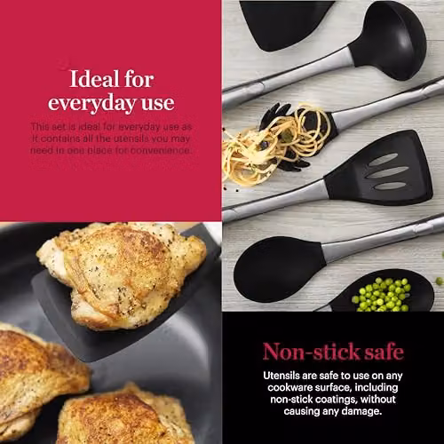 Tower Good Food in partnership with 6 Piece Black Silicone and Stainless Steel Utensil Set with Hanging Loops, GF832252 – 7