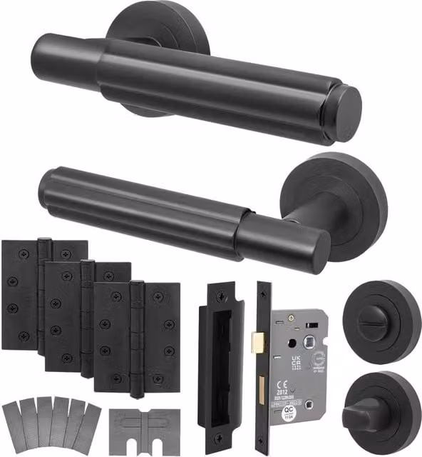 AFIT Matt Black Bathroom Door Handle Set with Lock and Hinges – 1