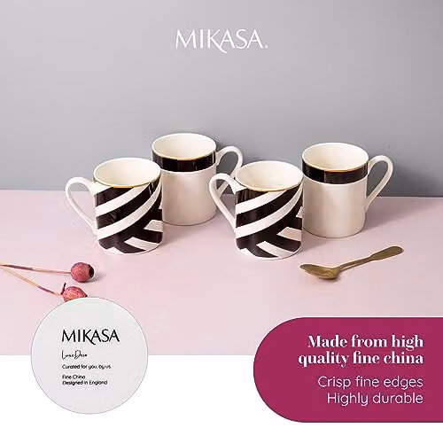 Mikasa Luxe Deco White and Gold Geometric Bone China Mug Set of 4, 380ml – 4