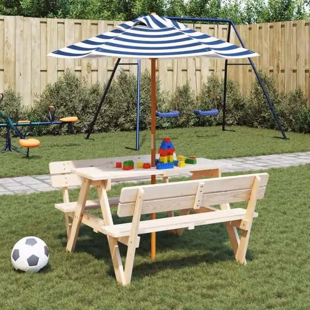 Berkfield Blue Striped Childrens Garden Umbrella with Wooden Pole W/D: 120 x 140 cm – 1