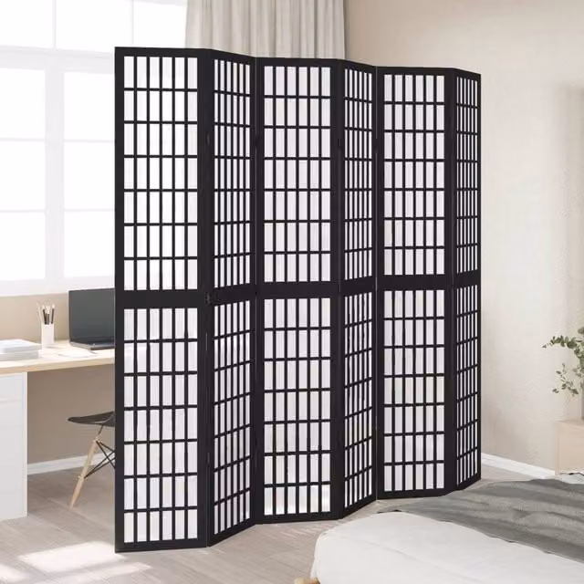 Berkfield Home 6 Panel Black Solid Wood Paulownia Room Divider – 1